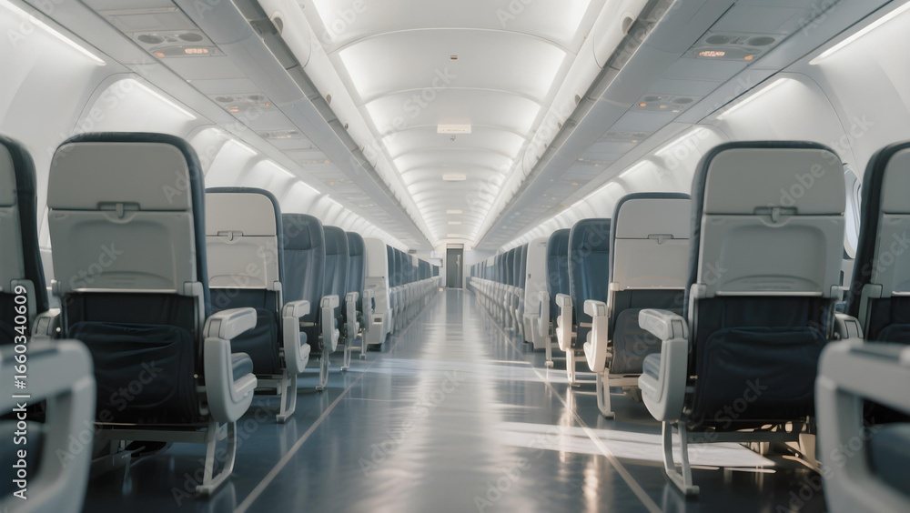 Obraz premium Spacious empty airplane aisle highlighting modern, clean cabin interior.