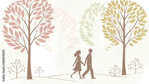 Couple walking hand in hand through a park with stylized trees and oval frame holding hands