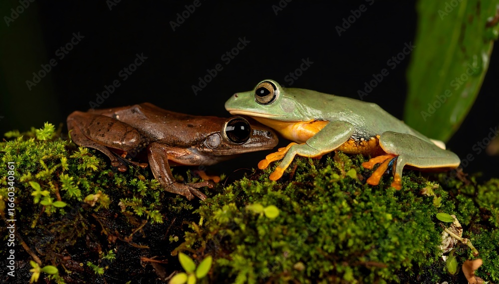 Obraz premium Two vividly colored tree frogs rest on a bed of moss, showcasing their unique patterns and textures in a close-up, nature-inspired shot.