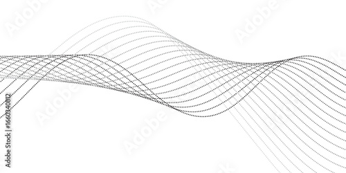 
Dynamic wavy pattern of dotted lines in gradient black tones, flowing horizontally with overlapping curves that give depth and motion, resembling sound waves, data visualization, or digital abstract 