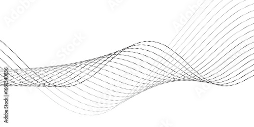 
Dynamic wavy pattern of dotted lines in gradient black tones, flowing horizontally with overlapping curves that give depth and motion, resembling sound waves, data visualization, or digital abstract 