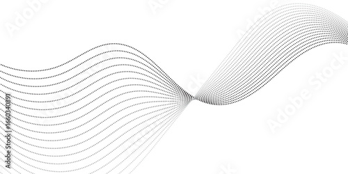 
Dynamic wavy pattern of dotted lines in gradient black tones, flowing horizontally with overlapping curves that give depth and motion, resembling sound waves, data visualization, or digital abstract 