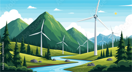 Vibrant green landscape showcases modern wind turbines generating clean energy amidst rolling hills and a flowing river