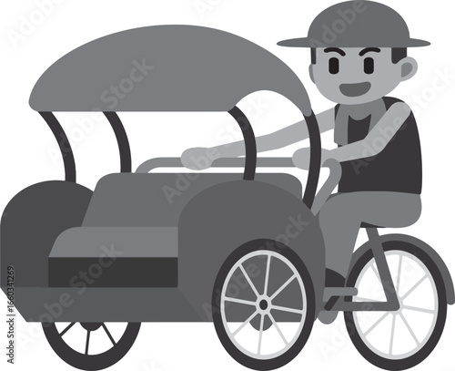 Monochrome Illustration of a Man Operating a Three Wheeled Cycle Rickshaw for Transportation Purposes in Flat Design