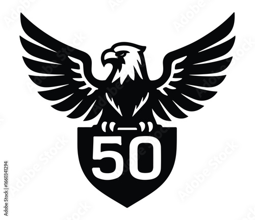 An eagle with a feather in the middle on 50 white background