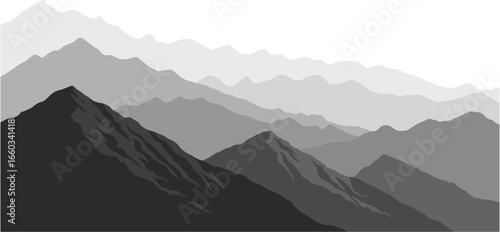 Majestic layered mountain range in dramatic grayscale, evoking serene beauty and adventure