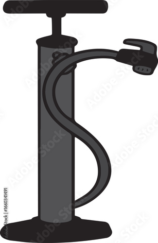 Cartoon Style Illustration of a Vertical Bike Pump in Shades of Black and Grey on White Background