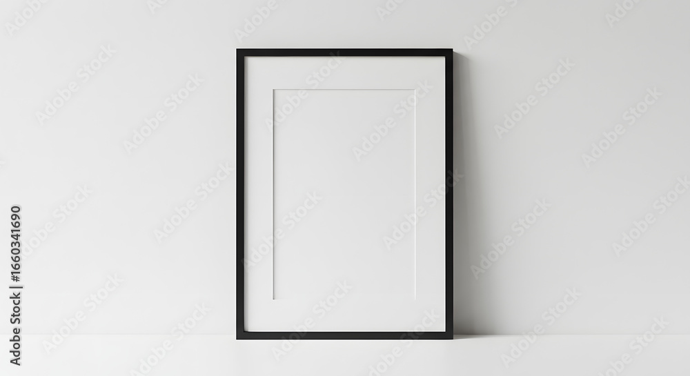 A black framed blank picture frame stands against a white wall on a white surface, ready for art. A black framed blank picture frame stands against a white wall on a white surface, ready for art.