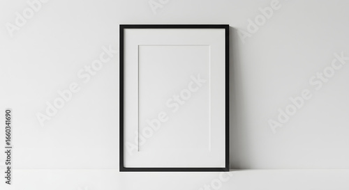 A black framed blank picture frame stands against a white wall on a white surface  ready for art.