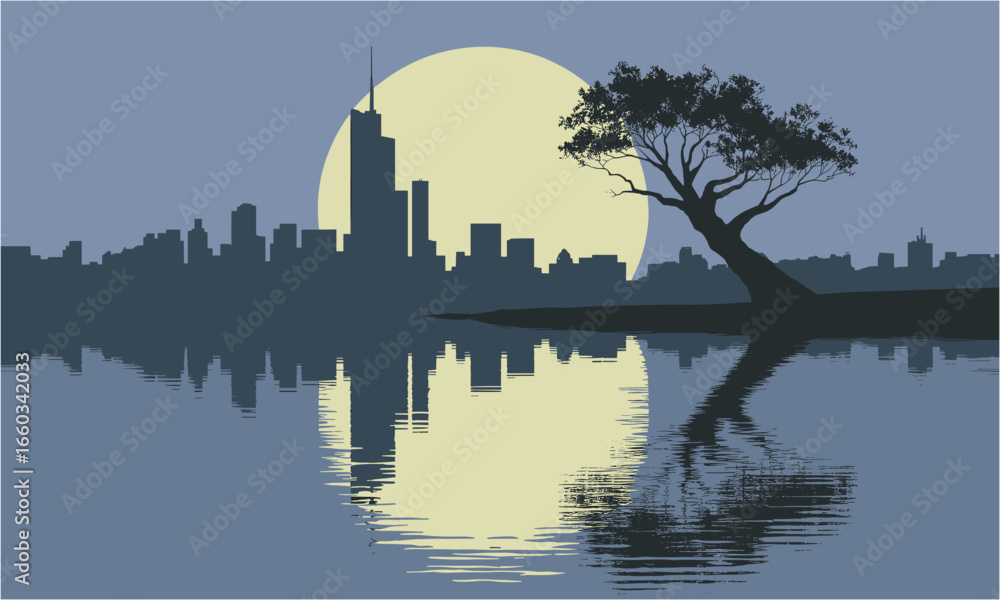 Fototapeta premium Serene cityscape silhouette with a prominent moonlit tree reflected in calm water