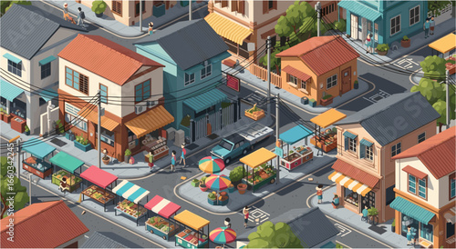 Vibrant street market scene with colorful stalls, fresh produce, and people shopping on a sunny day