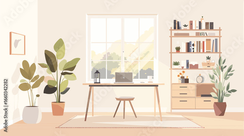 Serene home office bathed in natural light, perfect for focused work and creative inspiration