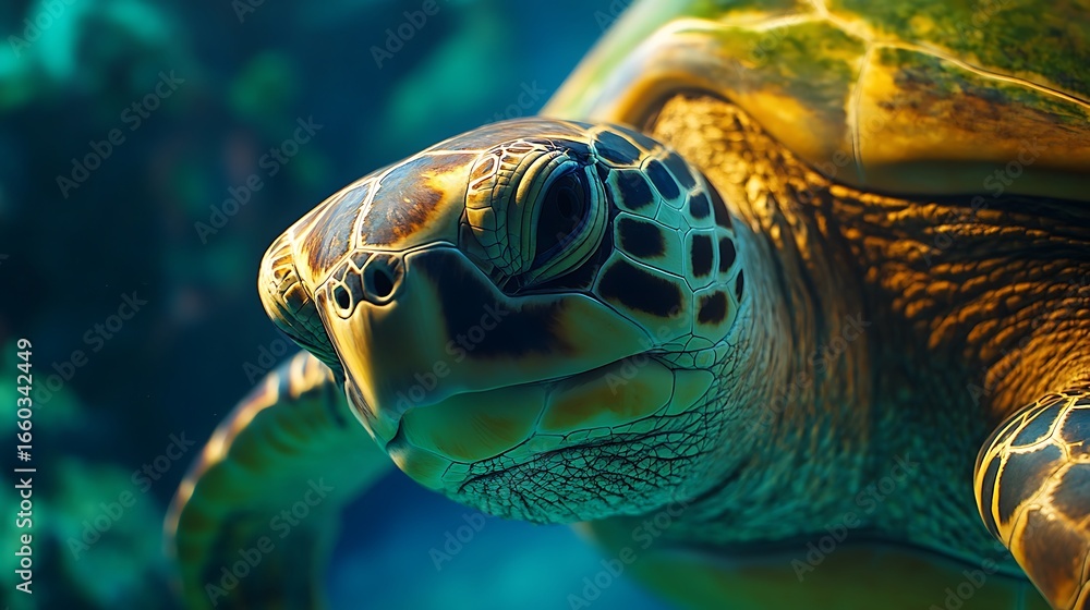 Fototapeta premium Sea turtle swimming underwater with detailed shell and facial features marine life photo