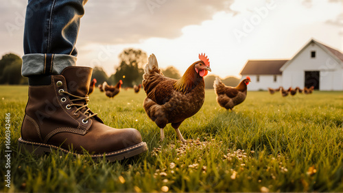 The striking red comb and golden grains add vibrant color. A genuine moment of farm interaction.