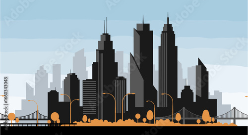 Modern city skyline with bridges and streetlights under a clear sky, evoking urban progress and connectivity