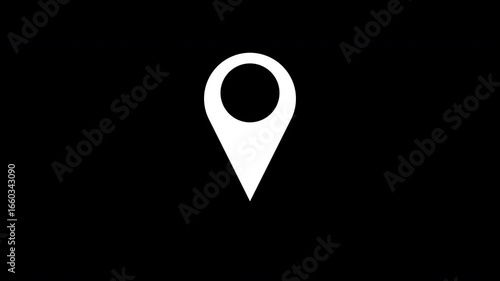 Location pin appearing animation of white map location on black background. Icon moving up down 4K animation.