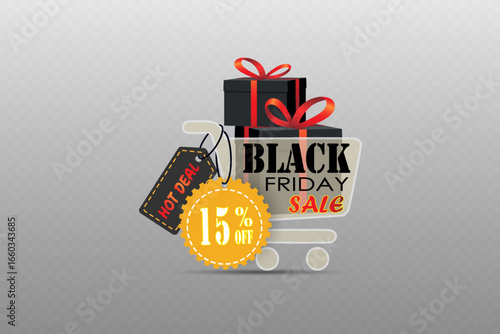 Shopping cart with gift boxes and discount tag during Black Friday sale.