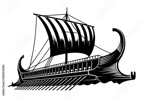 Ancient Greek Trireme Warship – Vintage Engraved Vector