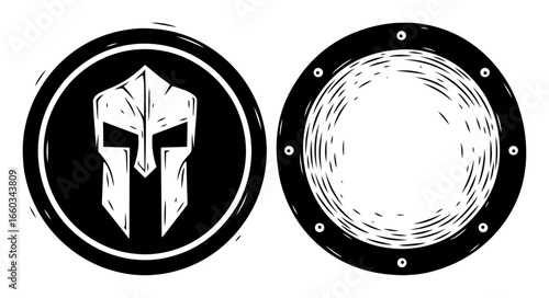 Spartan Helmet Emblem and Round Shield – Vintage Engraved Vector Set