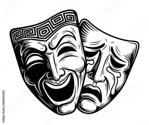 Greek Comedy and Tragedy Theatre Masks – Vintage Engraved Vector