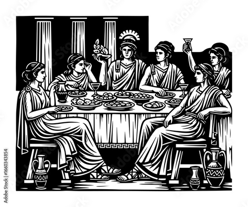 Ancient Greek Symposium Banquet Scene – Vintage Engraved Illustration