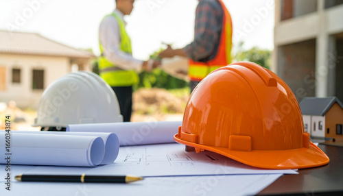 Construction Site Planning Hard Hats, Blueprints & Teamwork