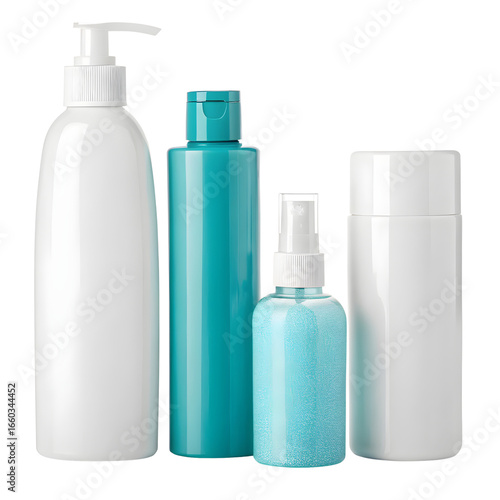blue and white spray and pump bottles, skincare and haircare containers, professional style cosmetic bottles