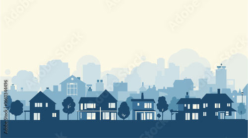 Charming suburban street scene with houses and city skyline silhouette