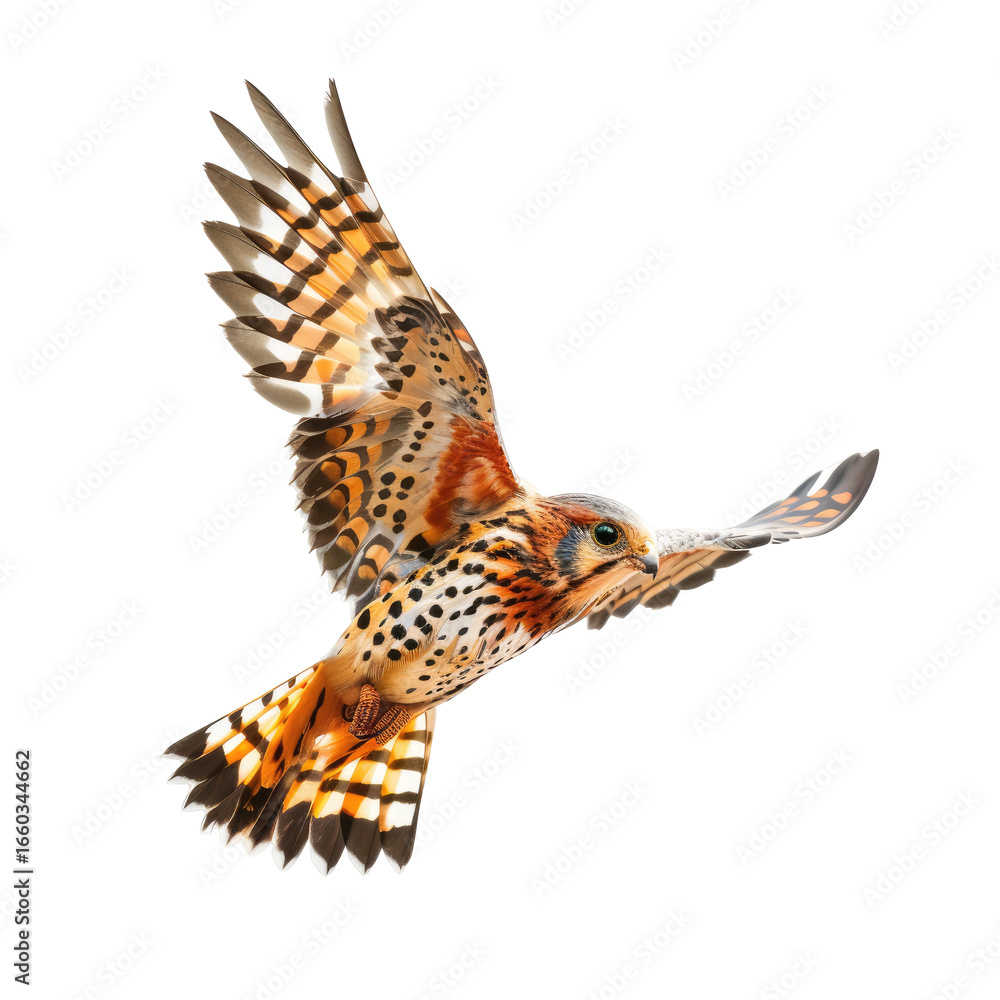 Fototapeta premium A vibrant hawk soars against a stark black background. Its wings are outstretched, showcasing a striking pattern of brown, orange, and white. Sharp, detailed markings create a dynamic image of flight