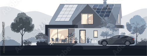 Modern home powered by solar panels with electric car parked outside