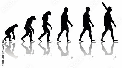 Silhouetted depiction of human evolution stages from ape to modern man with a tool in hand shown in white | editable eps vectors