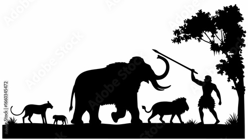 Silhouette of prehistoric scene featuring a hunter with a spear and various animals in black and white | editable eps vectors
