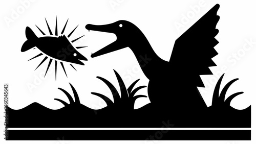 Silhouette of a duck catching a fish in a grassy area with a water line at the bottom of the image art design | editable eps vectors
