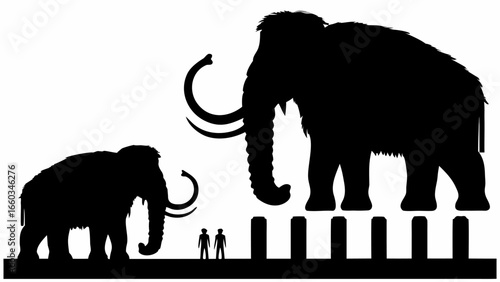 Silhouette illustration showing two mammoths and two people for scale comparison purposes exactly | editable eps vectors
