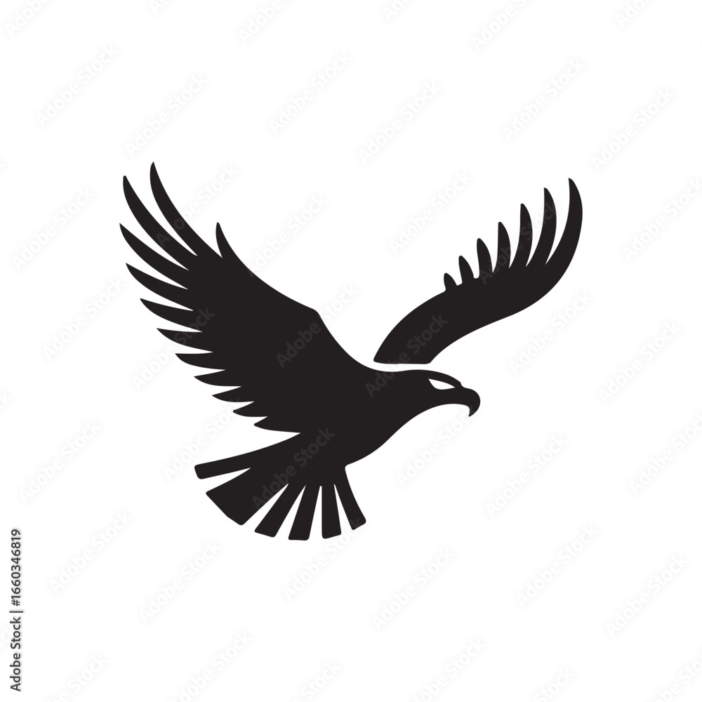 Fototapeta premium Powerful Silhouette of a Soaring Eagle.A bold, black silhouette of an eagle in flight against a pure white background.