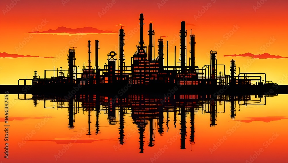 Fototapeta premium Silhouette of Industrial Oil Refinery Against Fiery Sunset Sky with Symmetrical Water Reflection, Highlighting Energy Production and Industrial Beauty