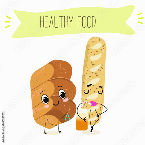 Baked food, french baguette, funny characters, hand drawn vector illustration.