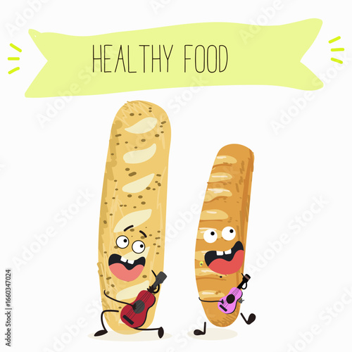 Baked food, french baguette, funny characters, hand drawn vector illustration.