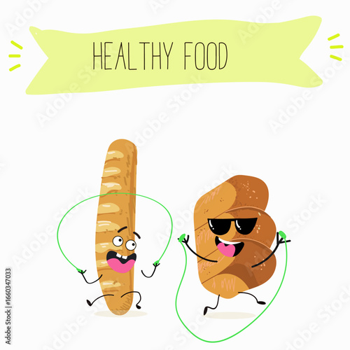 Baked food, french baguette, funny characters, hand drawn vector illustration.