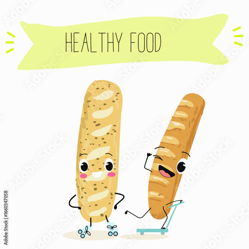 Baked food, french baguette, funny characters, hand drawn vector illustration.