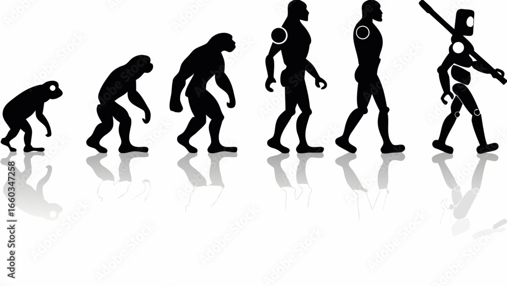 Obraz premium Illustration showing the evolution of a monkey into a human and then into a robot on a white background | editable eps vectors silhouette