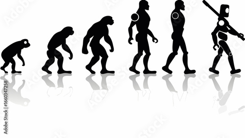 Illustration showing the evolution of a monkey into a human and then into a robot on a white background | editable eps vectors silhouette