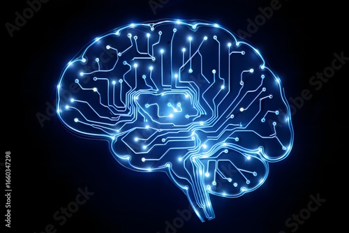 Futuristic Blue Circuit Board Brain on Black Background