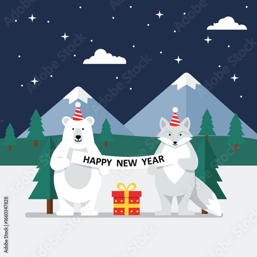 flat vector of animal character polar white bear and white fox on snowy day with gift box present and happy new year sign