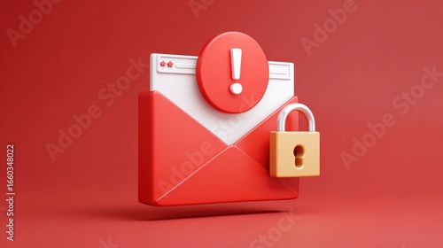 3D render of red email envelope with exclamation mark symbol on top, representing phishing attempt or security alert. padlock is attached to envelope, symbolizing cybersecurity and data protection
