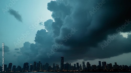 Storm Clouds Rolling Over Distant City Skyline at Dusk