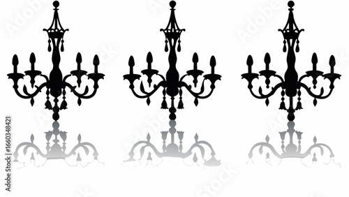 Three elegant chandeliers with intricate designs and reflective surfaces displayed on a white background | editable eps vectors silhouette