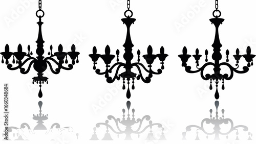 Three ornate chandeliers with multiple arms and candle holders in a silhouette style design element | editable eps vectors