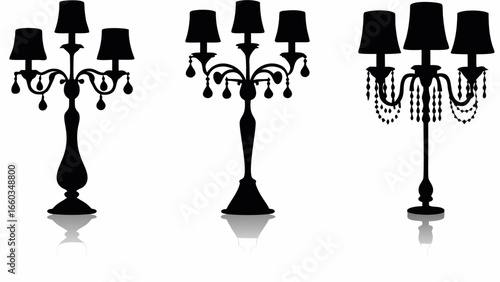 Three ornate black candelabras with shades and decorative elements in silhouette style are displayed | editable eps vectors