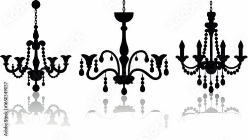 Three elegant chandelier silhouettes with intricate details and reflective shadows below them shown here | editable eps vectors